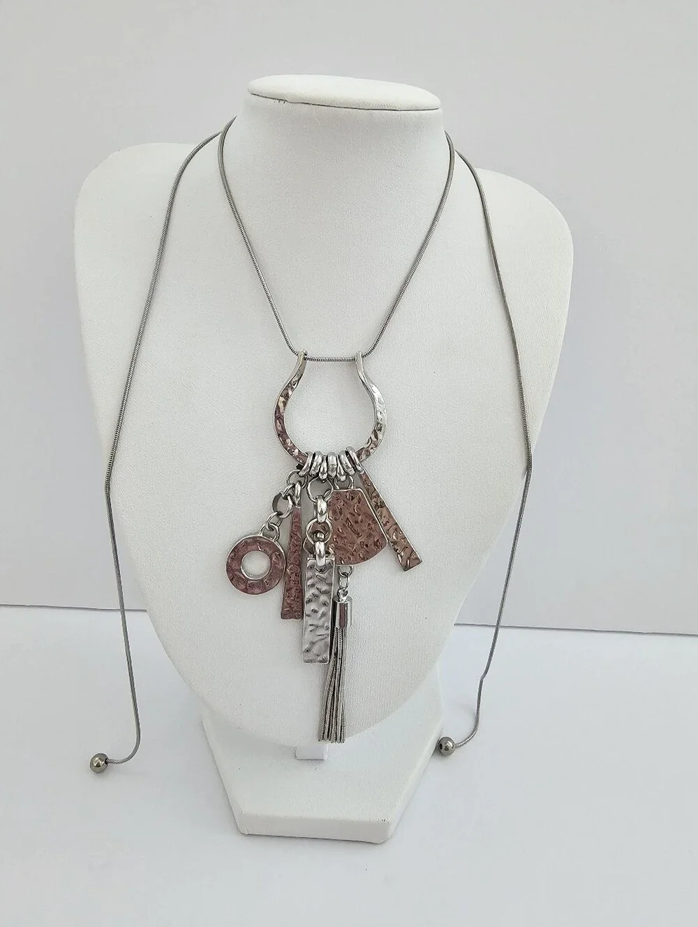 Mixed Metal Hammered Geometric Charm & Tassel Adjustable Long Pendant Necklace​